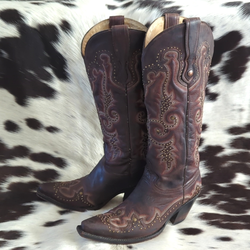CORRAL ladies fancy studded brown leather boots style #G1031 snip toe sz 7 - Picture 2 of 16